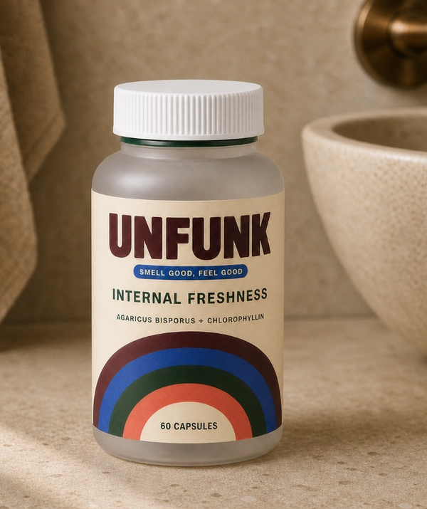 UNFUNK Internal Freshness dietary supplement bottle with the quad-colour arch label